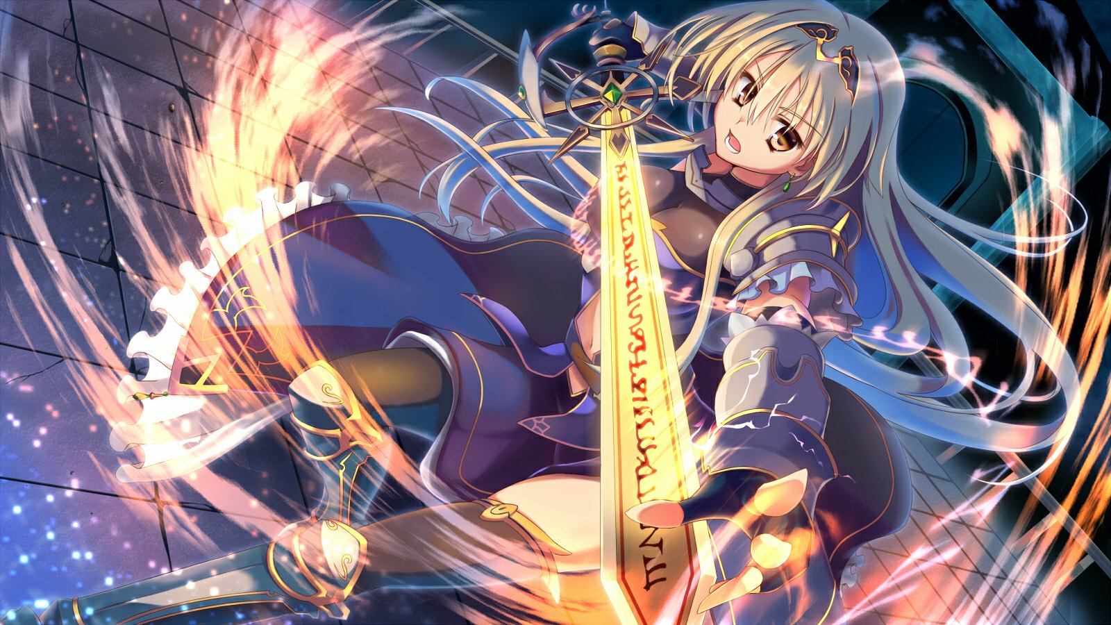 A dynamic scene from the anime Is This a Zombie featuring a character with long blonde hair wielding a glowing sword, surrounded by magical flames and an atmospheric background.