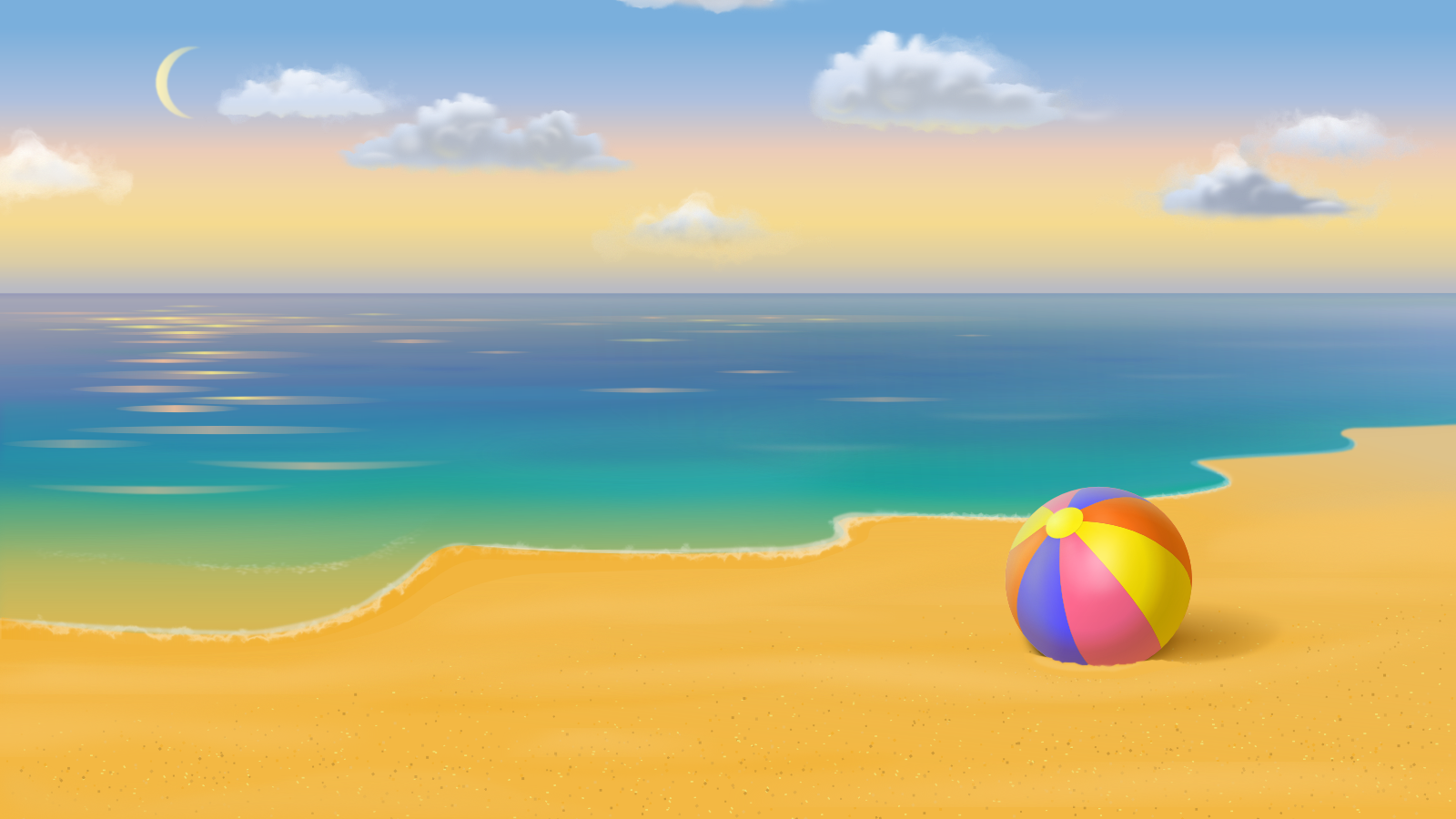 A colorful beach ball rests on the sandy coast by the calm sea under a summer sky with scattered clouds, capturing an artistic holiday beach scene.