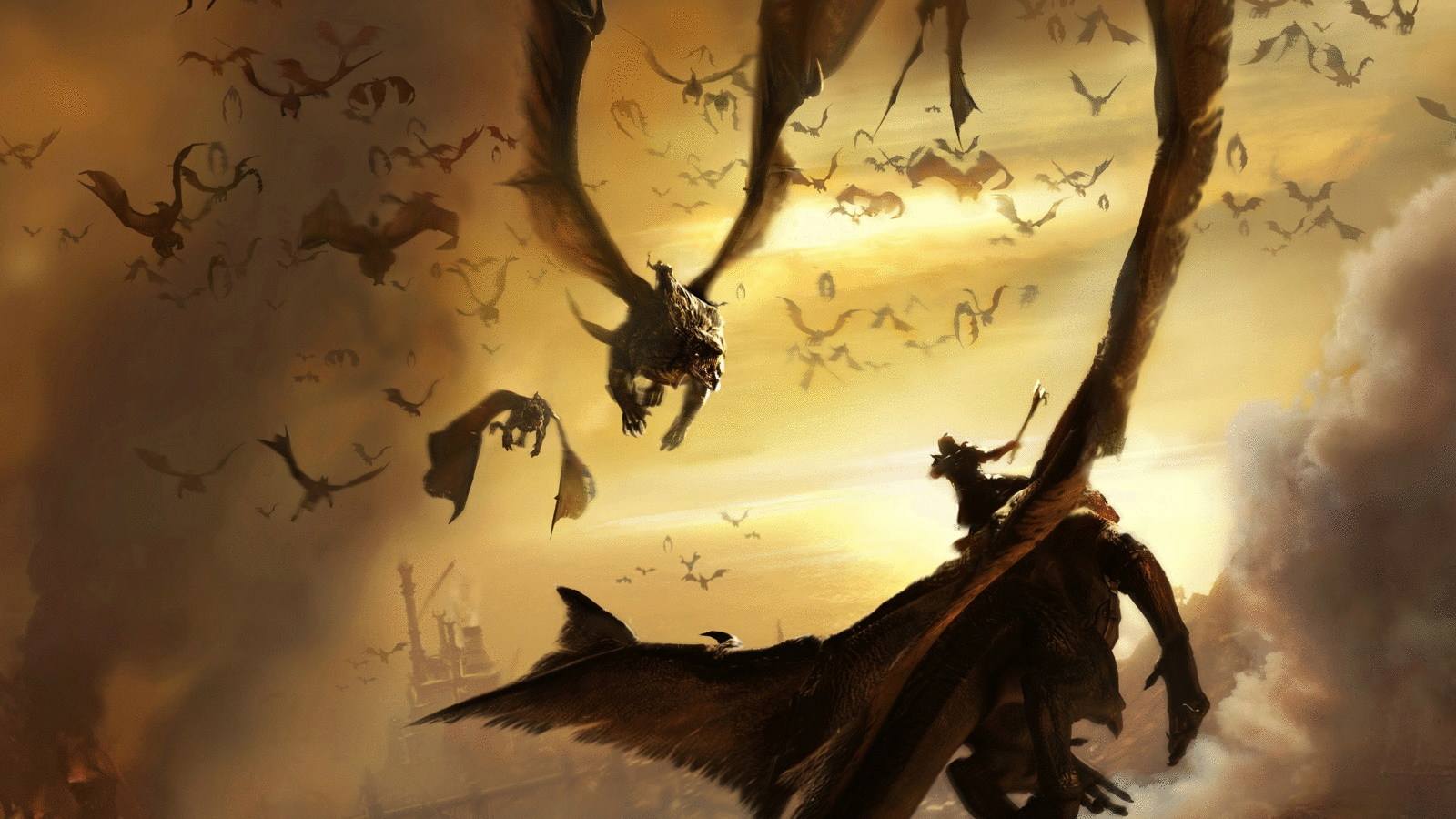 A dramatic fantasy scene depicting a fierce dragon soaring through a smoky sky filled with numerous flying dragons.