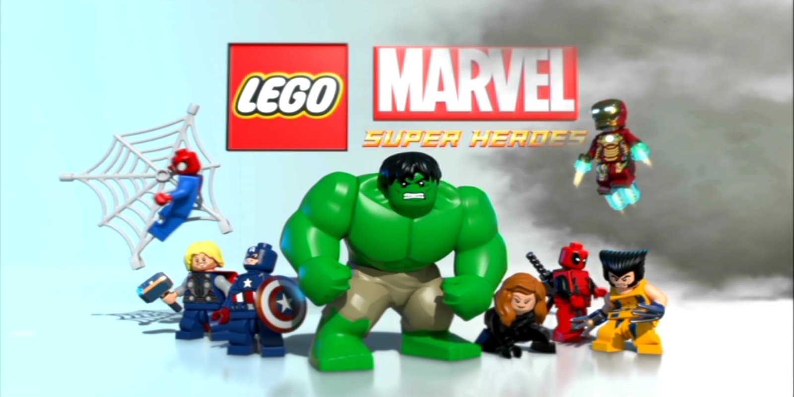 A vibrant scene from Lego Marvel Super Heroes featuring iconic characters like Wolverine, Deadpool, Black Widow, Thor, Captain America, Spider-Man, Iron Man, and Hulk in playful Lego form.