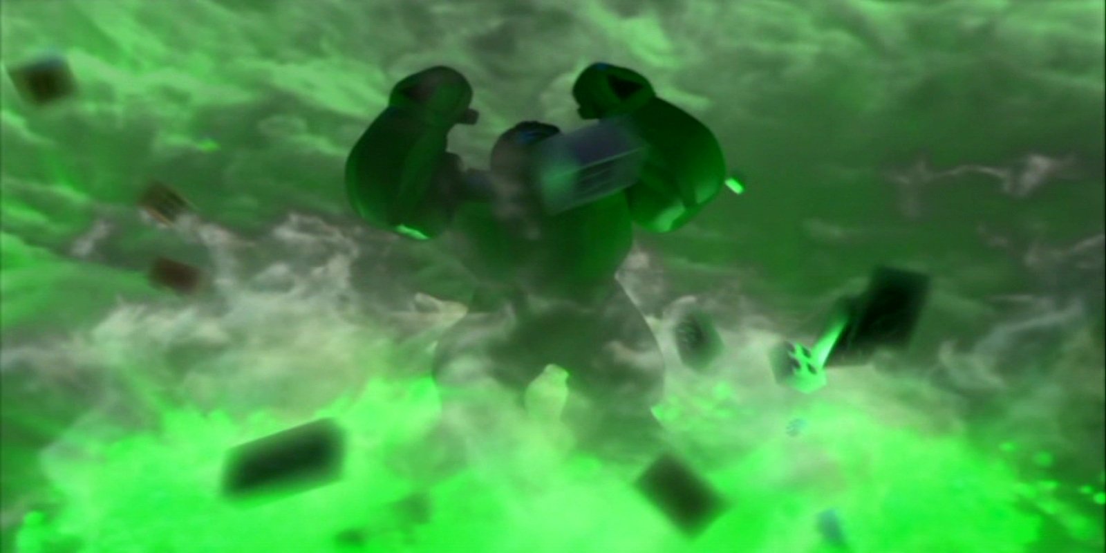 A green-tinted image of Hulk from Lego Marvel Super Heroes, showcasing his powerful stance amidst swirling smoke and debris, embodying the action-packed essence of the video game.