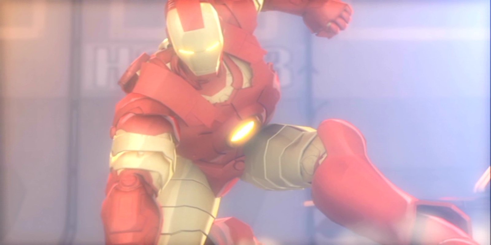 Iron Man in action, showcasing his iconic red and gold suit, from the animated movie Iron Man & Hulk: Heroes United.