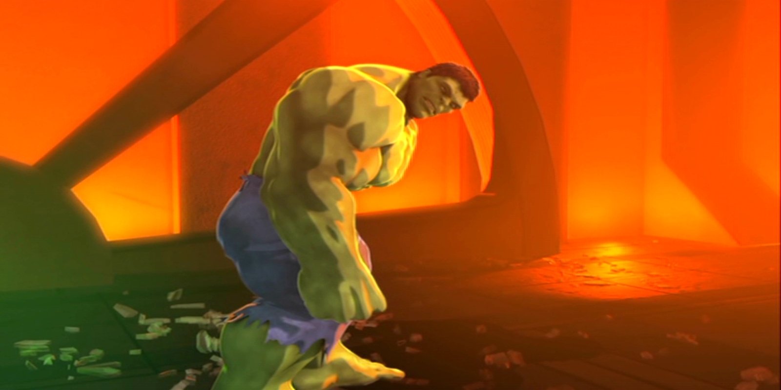 Hulk standing in a fiery orange environment from the movie Iron Man & Hulk: Heroes United.