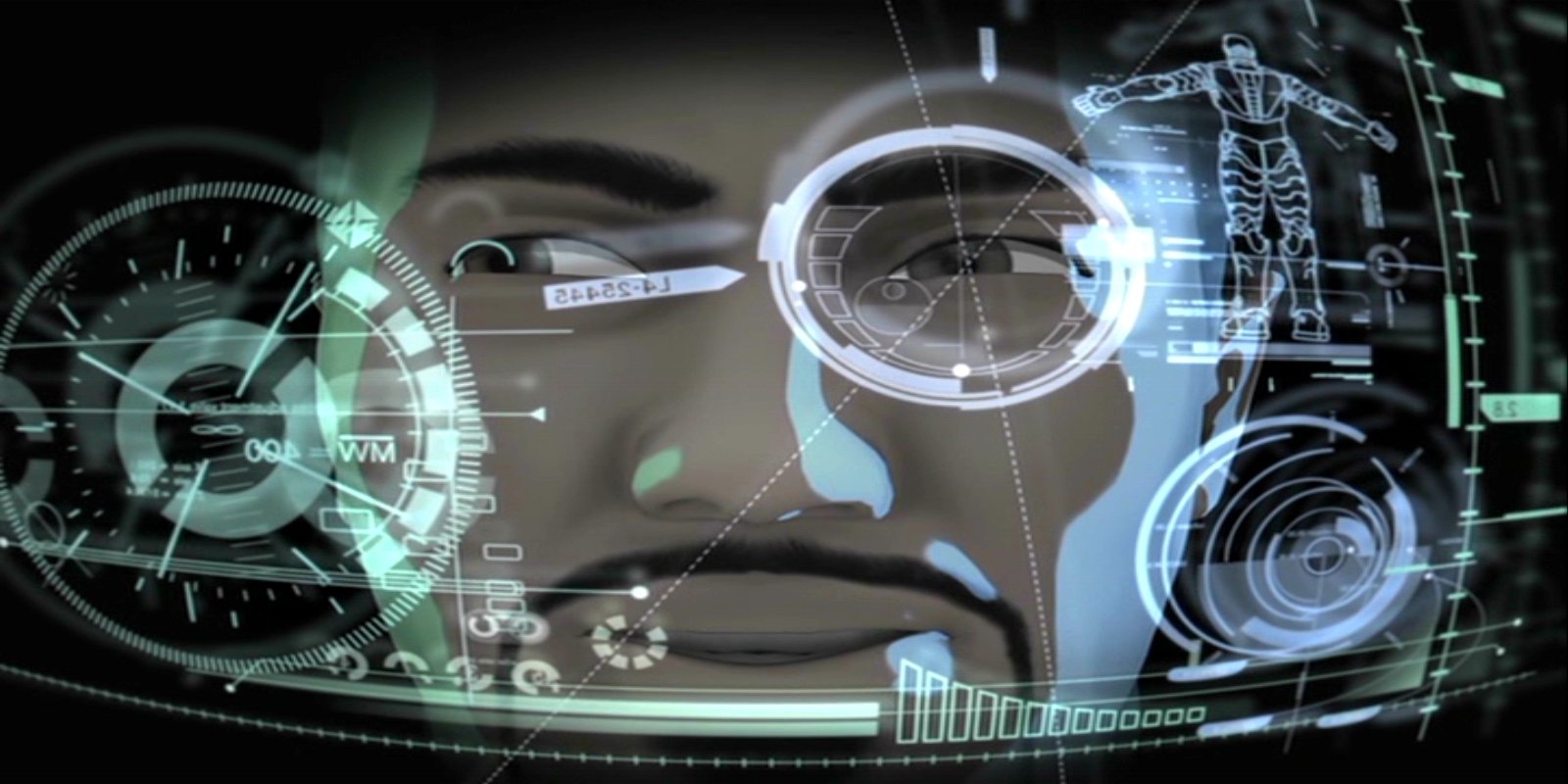 A futuristic digital interface overlays a close-up of Iron Man's face, highlighting tech elements from the movie Iron Man & Hulk: Heroes United.