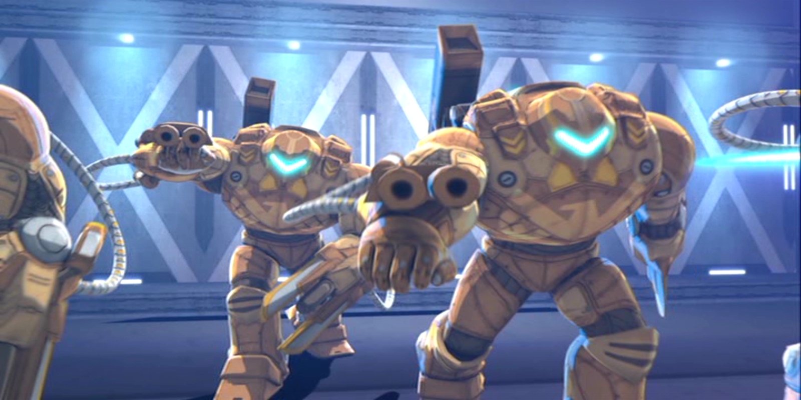 Scene from the movie Iron Man & Hulk: Heroes United featuring armored robotic suits with glowing blue eyes in a futuristic setting.