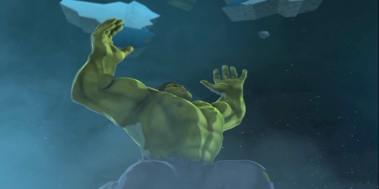 The Hulk is shown in action from the movie Iron Man & Hulk: Heroes United, surrounded by a smoky, blue-toned background.