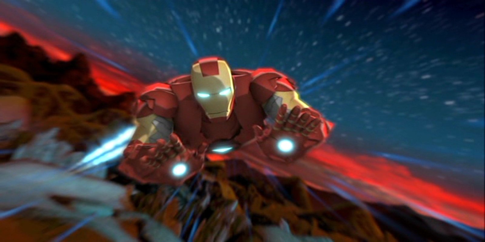 Action scene from the movie Iron Man & Hulk: Heroes United showing Iron Man flying with glowing repulsors against a starry sky and rocky landscape.