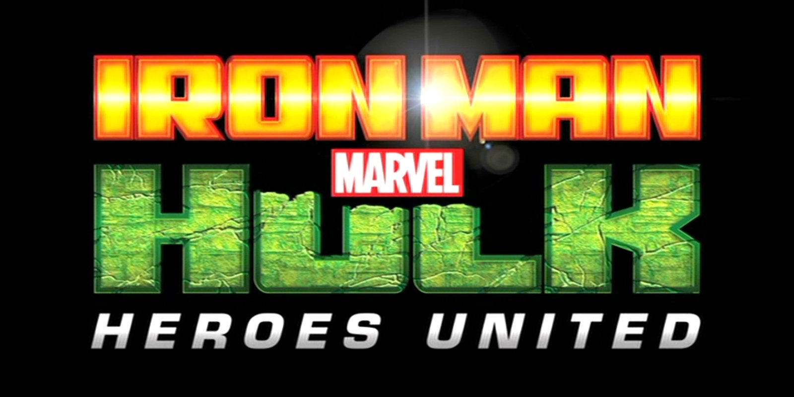 Logo of the Marvel movie Iron Man & Hulk: Heroes United featuring bold, fiery and green textured text on a black background.