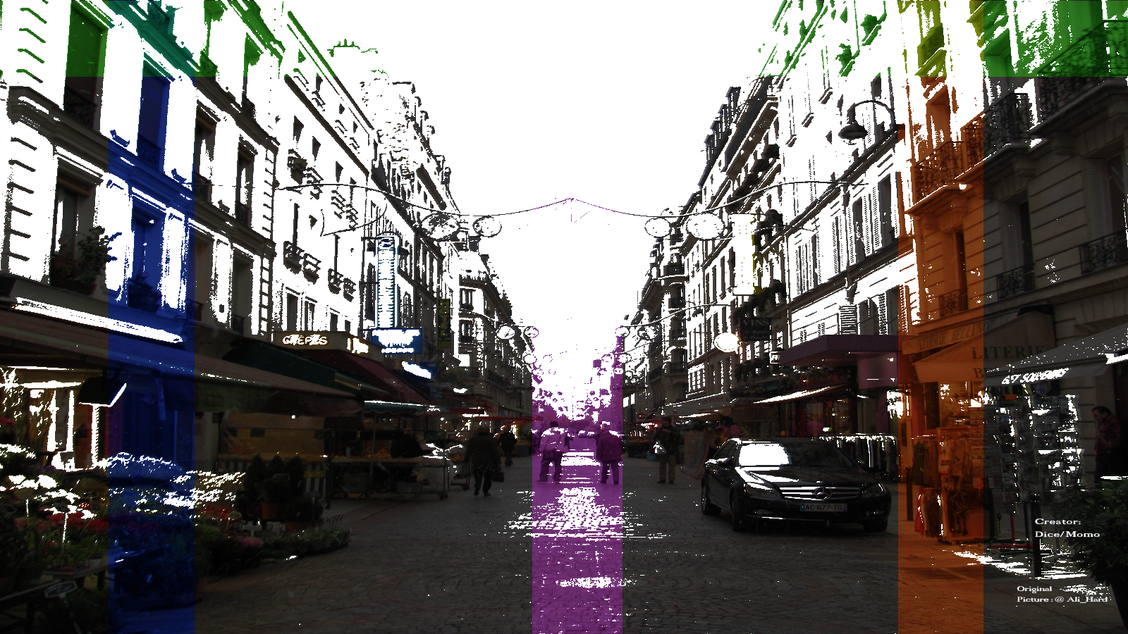 Black-and-white Paris street photograph with pedestrians and a Mercedes, overlaid by vertical blue, green, orange and red bands across the cityscape.