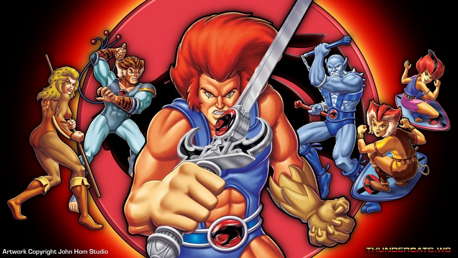 A dynamic scene from the 1985 TV show Thundercats, featuring iconic characters like Lion-O and Cheetara, all posed heroically against a vibrant background.