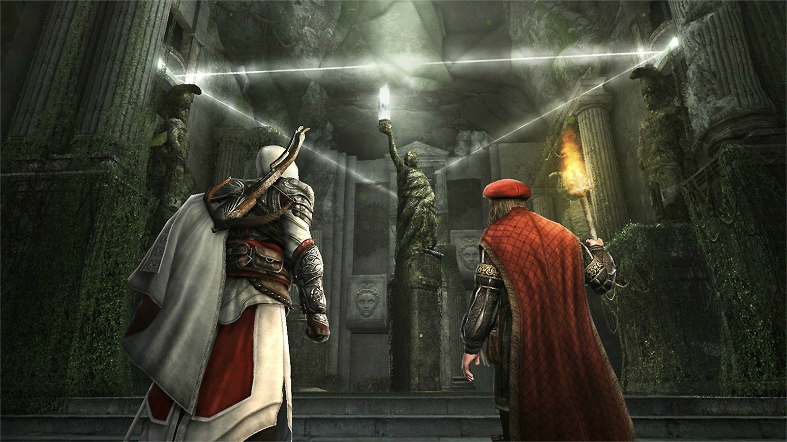 Two characters explore an ancient, overgrown temple with beams of light in the video game Assassin's Creed: Brotherhood.