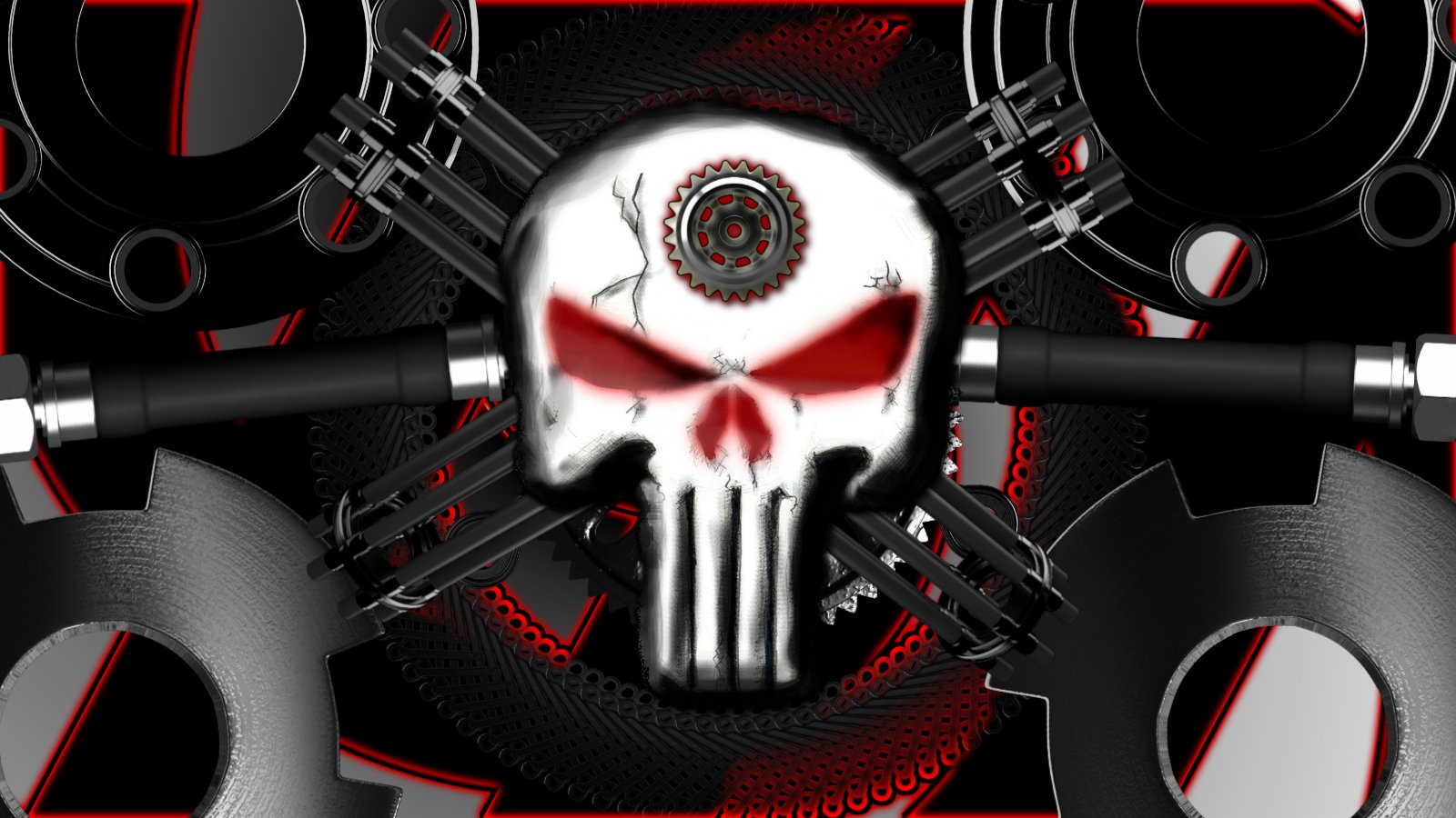 A striking image featuring the Punisher's skull emblem surrounded by industrial gears and red accents, emphasizing a gritty and powerful comic aesthetic.