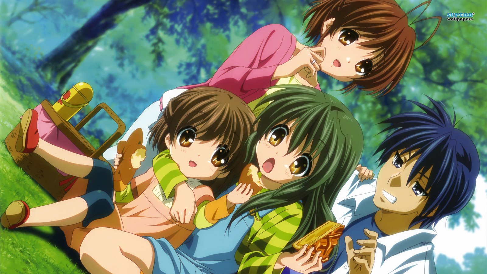 Tomoya Okazaki, Nagisa Furukawa, Fuuko Ibuki, and Ushio Okazaki from the anime Clannad enjoy a picnic together under a tree on a sunny day.