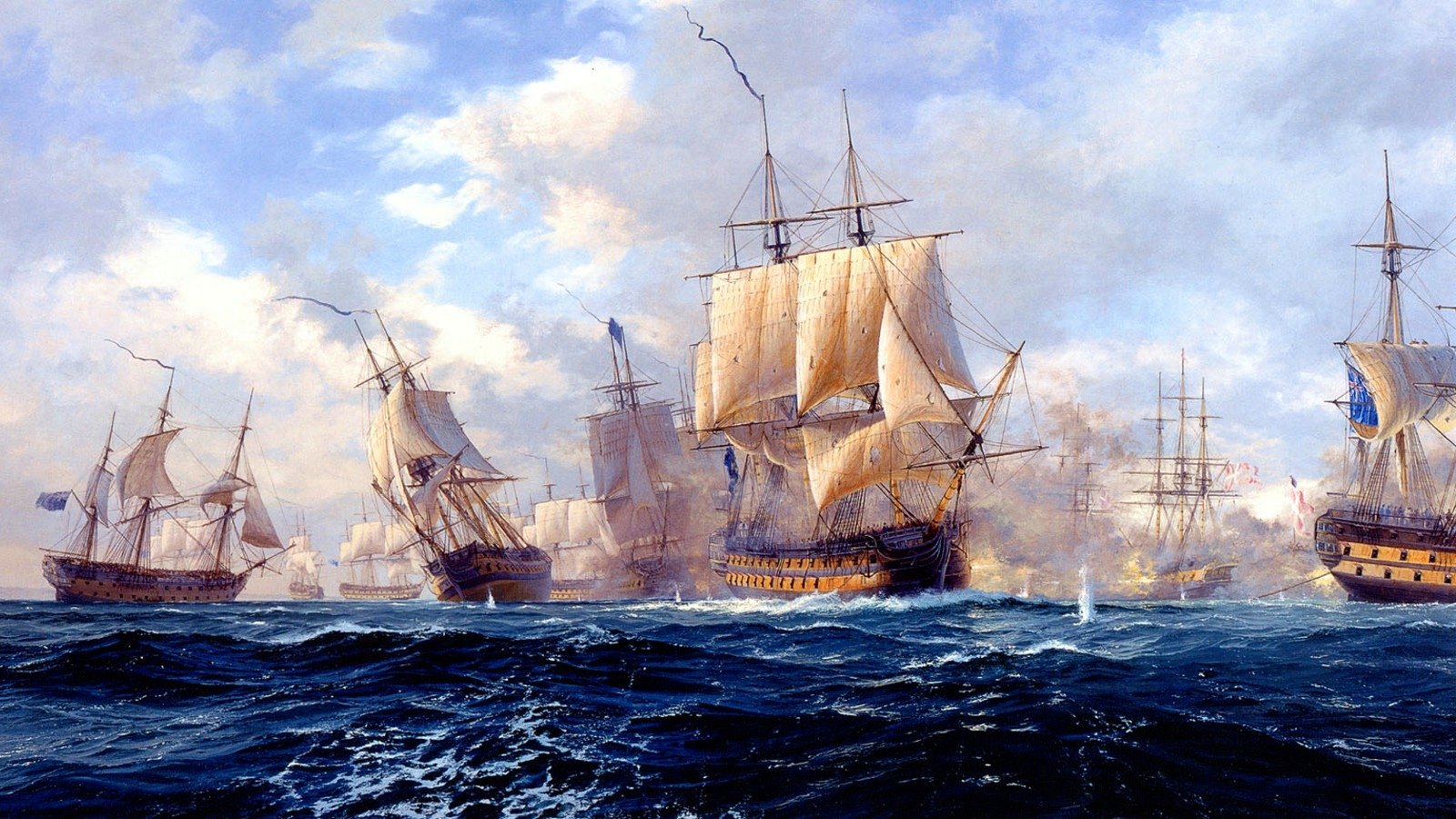 A naval battle scene depicting warships engaged in combat during the Battle of Sole Bay, with billowing sails and smoke rising over choppy seas.