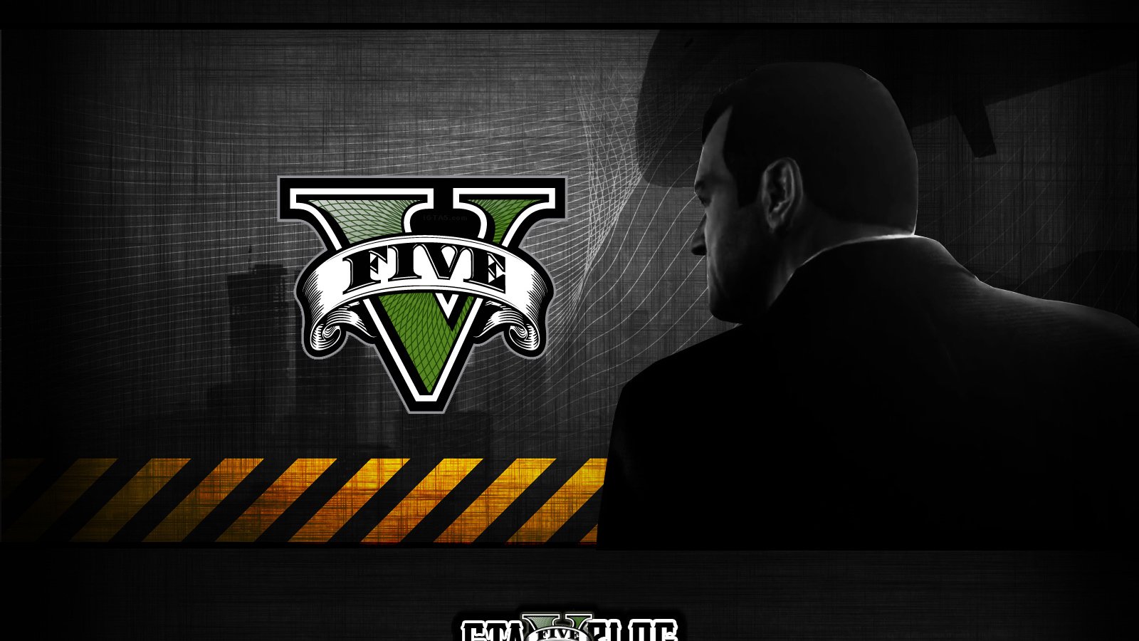 Promotional image for the video game Grand Theft Auto V, featuring the game's logo and a shadowed profile of a man in a suit.