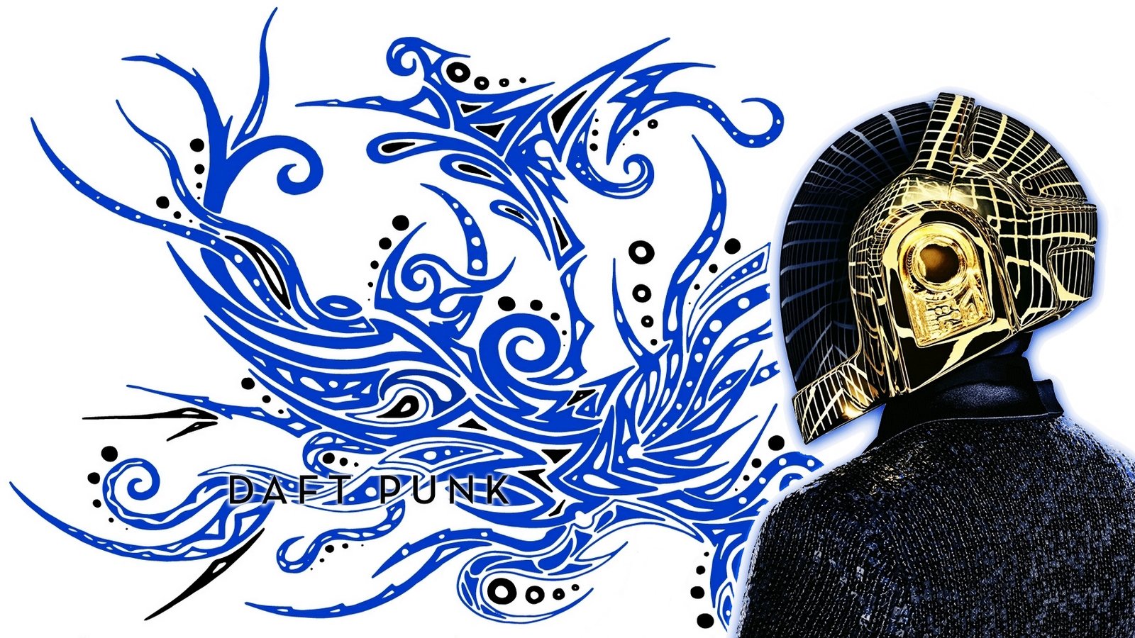 Gold-helmeted robot DJ beside blue tribal, tattoo-like curvy shapes and swirling drawings, evoking French electronic music.