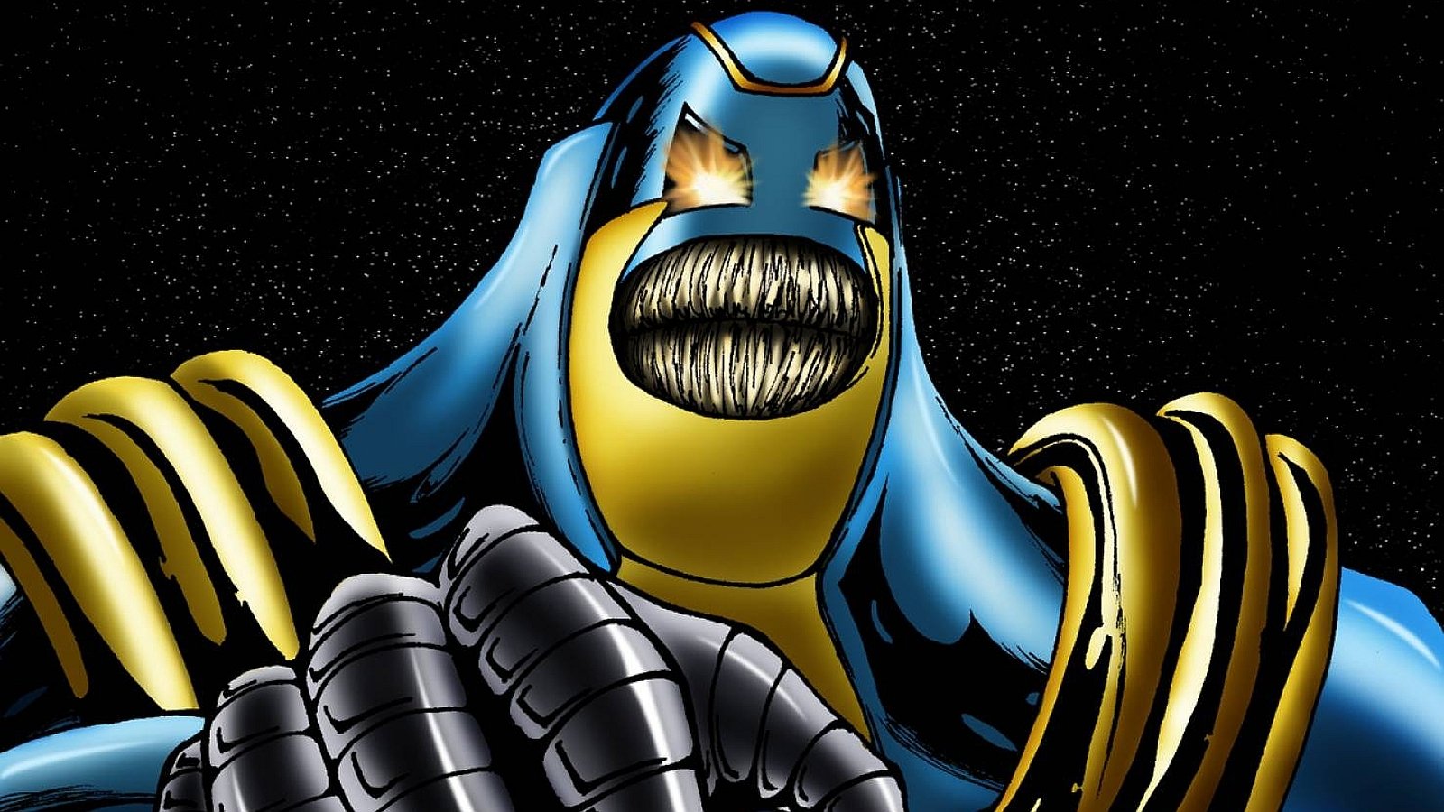 Comic art of the Anti-Monitor looming in space: armored blue-and-yellow cosmic villain with a gaping toothy maw, glowing eyes and a massive metal gauntlet.