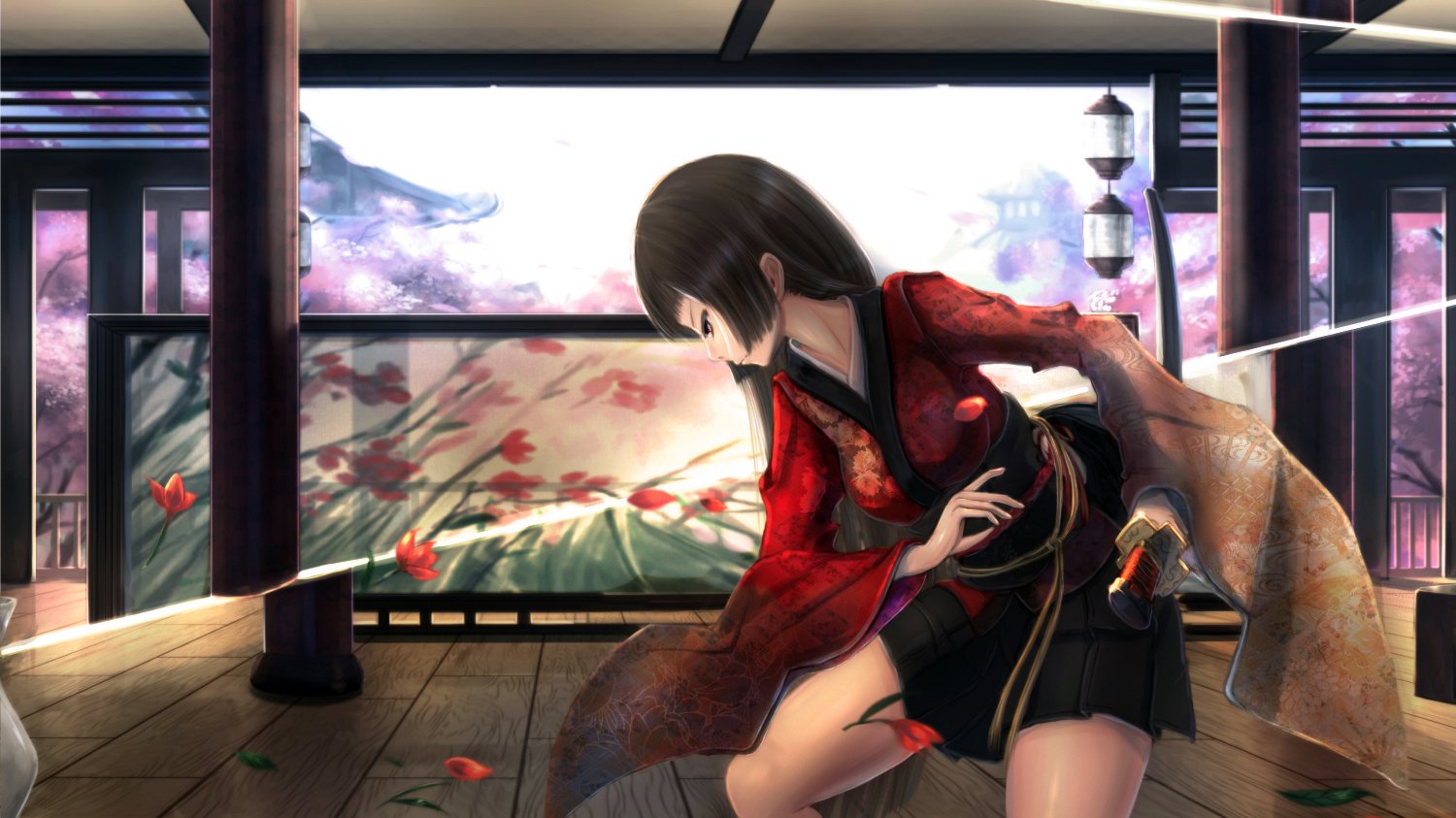 Kaguya Houraisan from Touhou anime stands poised with a sword inside a traditional Japanese room, surrounded by falling red petals and scenic outdoor views.