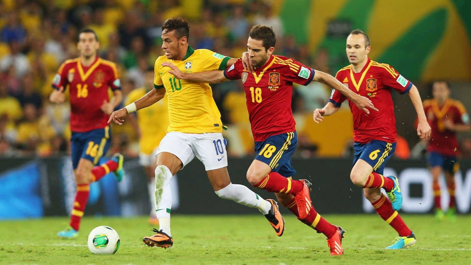 Neymar dribbles the ball in a vibrant match between Brazil and Spain, surrounded by defenders, showcasing dynamic sports action in a lively stadium setting.