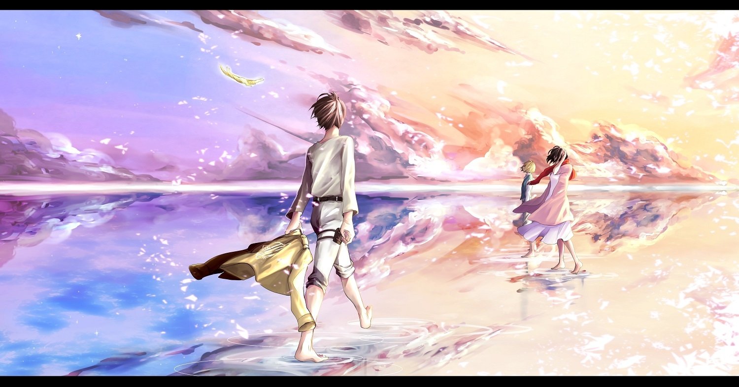 Armin Arlert and Mikasa Ackerman walk barefoot along a serene, reflective shore at sunset, while Eren Yeager follows, capturing the essence of *Attack on Titan* in this vibrant anime scene.