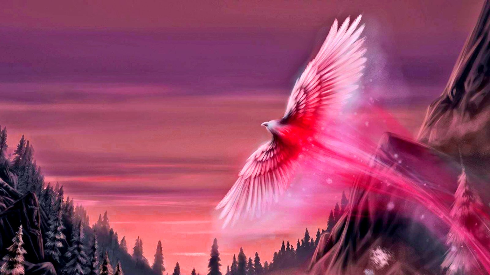 A vibrant phoenix soars against a purple and pink sky, leaving a trail of shimmering light, surrounded by dark coniferous trees, embodying the essence of fantasy.