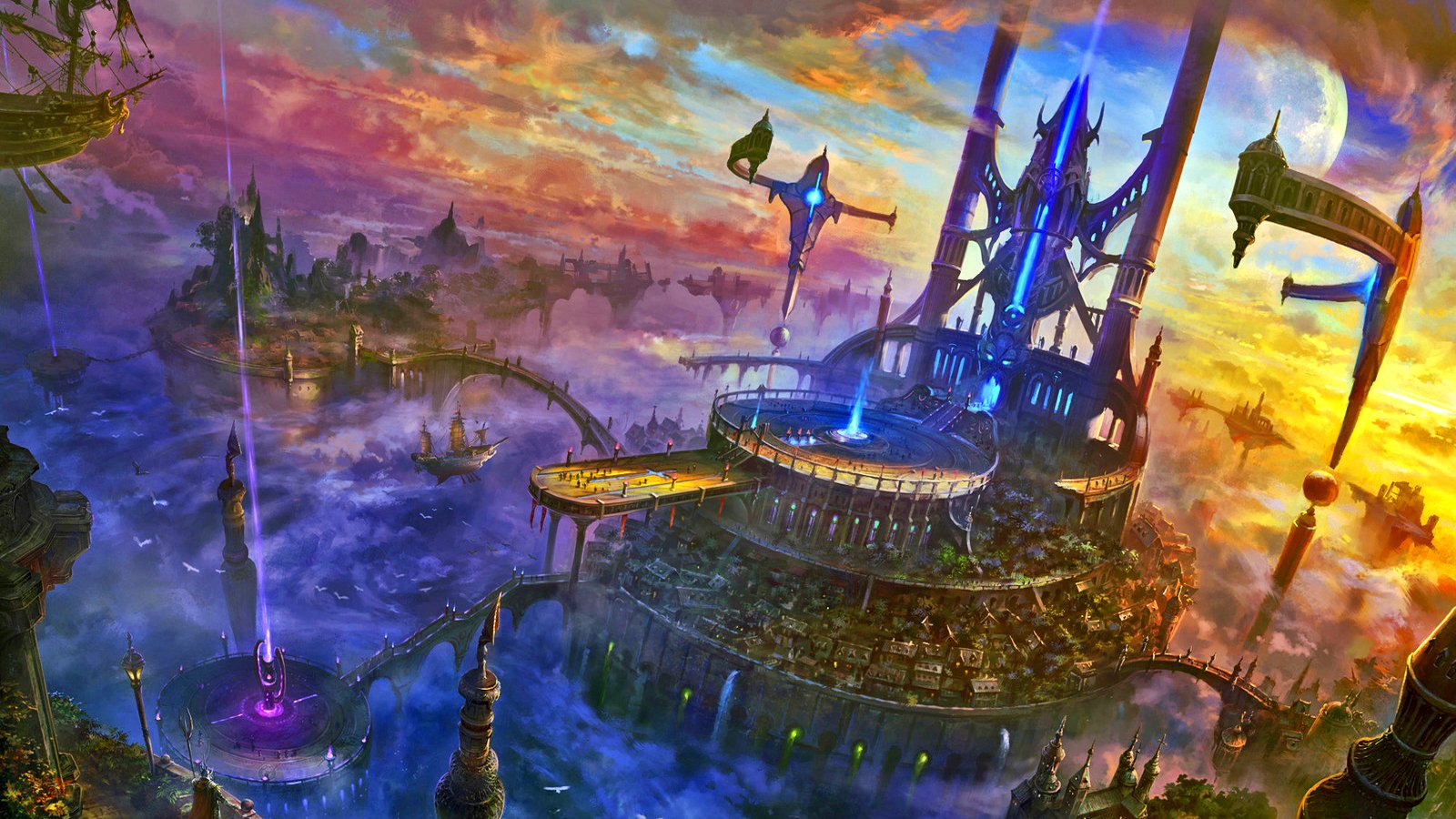 A stunning fantasy landscape featuring a vibrant sky and intricate architecture, with floating structures and luminous beams casting an enchanting atmosphere over a mystical realm.
