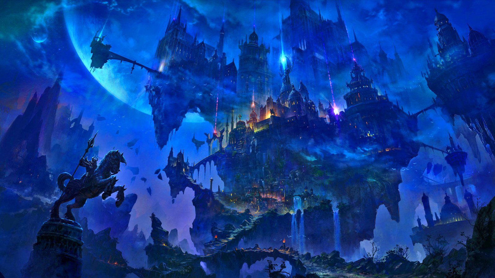 A stunning fantasy city rises amid deep blues and purples, featuring soaring towers and mystical elements, all illuminated by a glowing moon in the background.