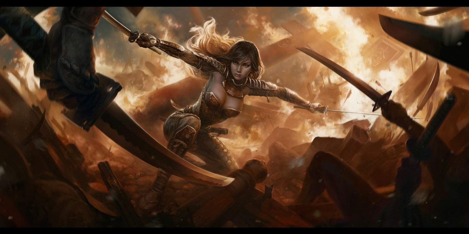 A fierce woman warrior charges into battle, wielding her sword against a chaotic backdrop of flames and debris, embodying strength and courage in a stunning fantasy scene.