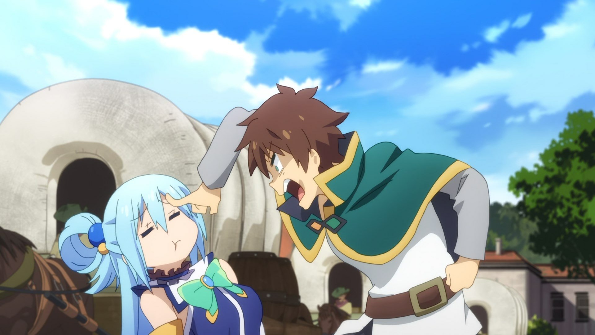 Kazuma leaning toward a reclining Aqua in a sunny village square, both characters from KonoSuba - God’s blessing on this wonderful world!!
