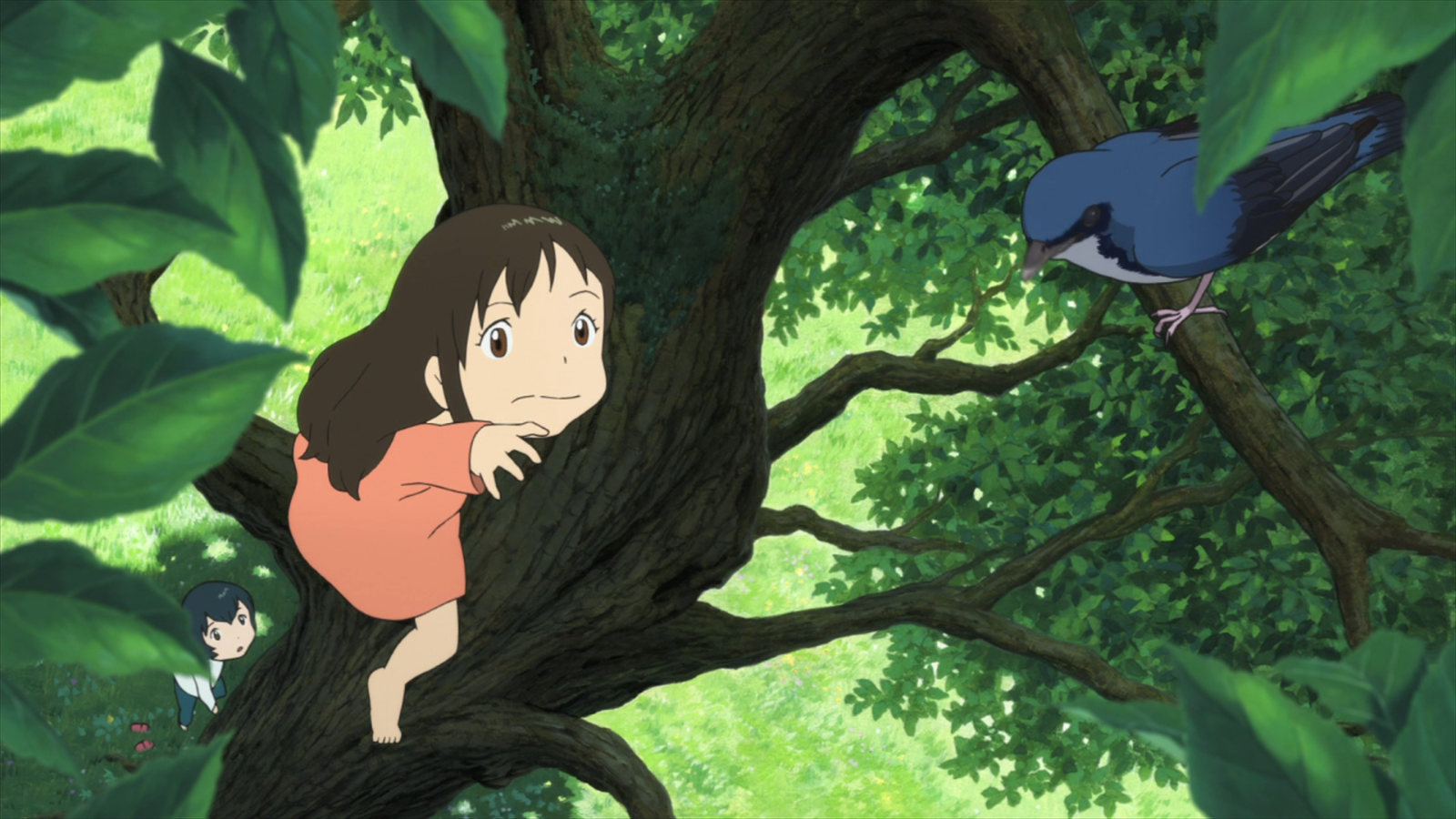 Ame from the anime Wolf Children crouches on a tree branch, curiously observing a cute blue bird nearby in a lush green forest.