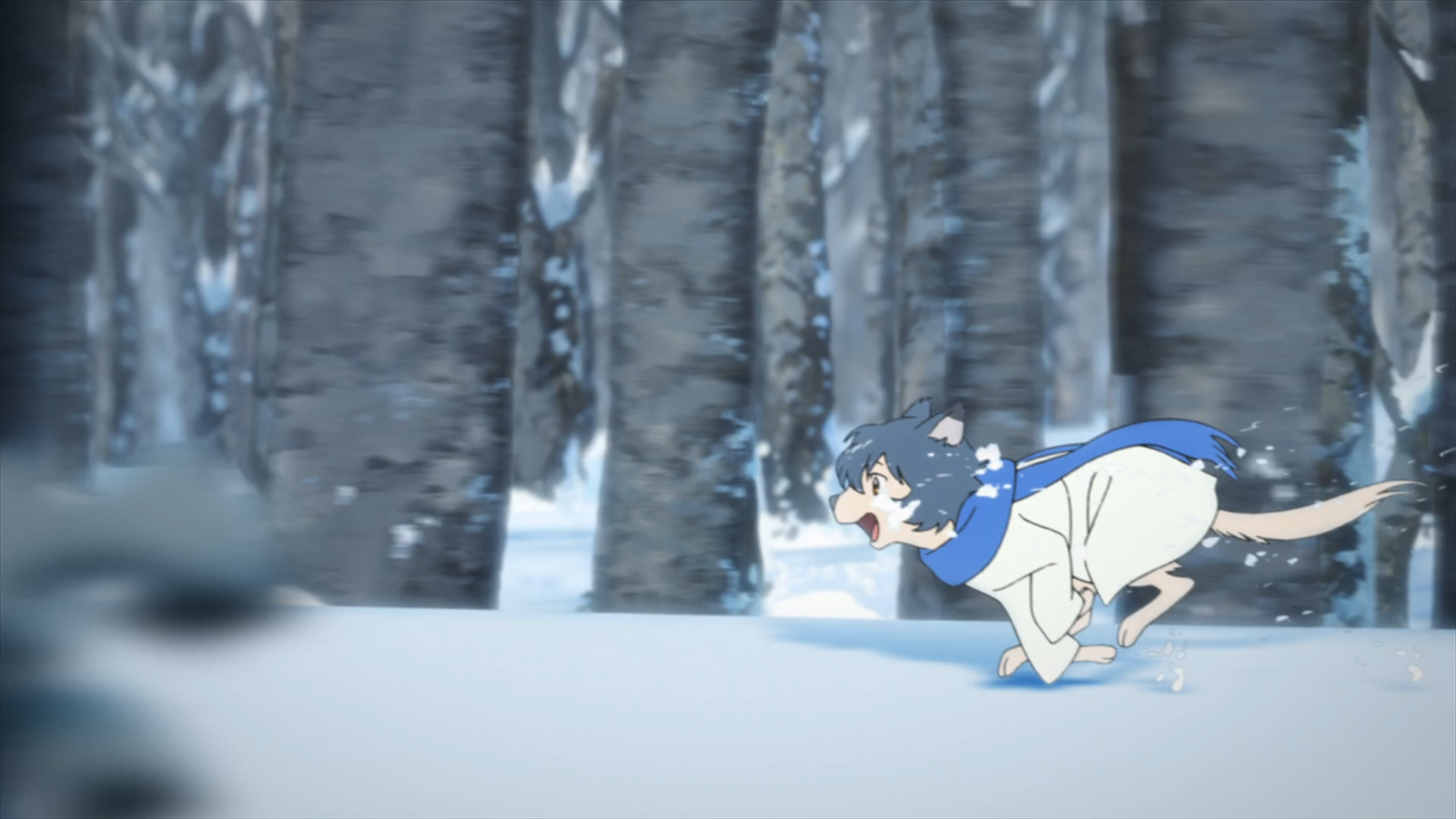 Ame from Wolf Children happily runs through a snowy winter forest, showcasing a cute and lively anime scene.