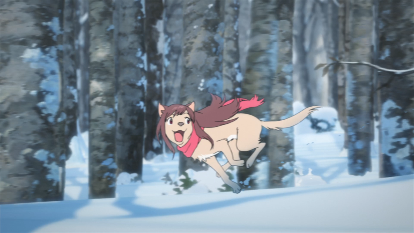 Yuki (Wolf Children) — a cute anime wolf child wearing a red scarf, bounding through a snowy winter forest with joy.