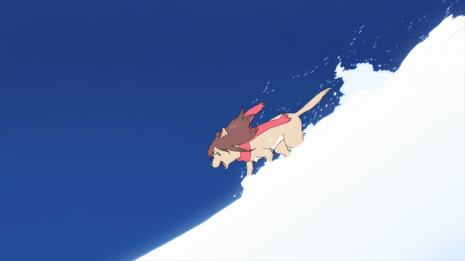 Anime scene of Yuki from Wolf Children sliding down a snowy hill, capturing a cute winter moment with bright blue sky and fresh snow.