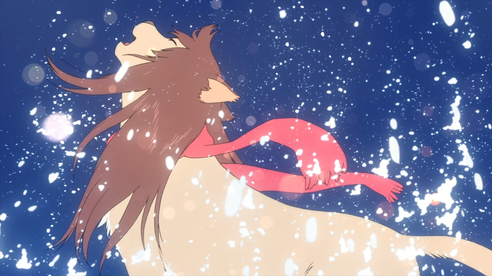 A cute character from the anime Wolf Children, Yuki playfully frolics in the snow, wearing a vibrant red scarf, surrounded by a magical winter landscape.