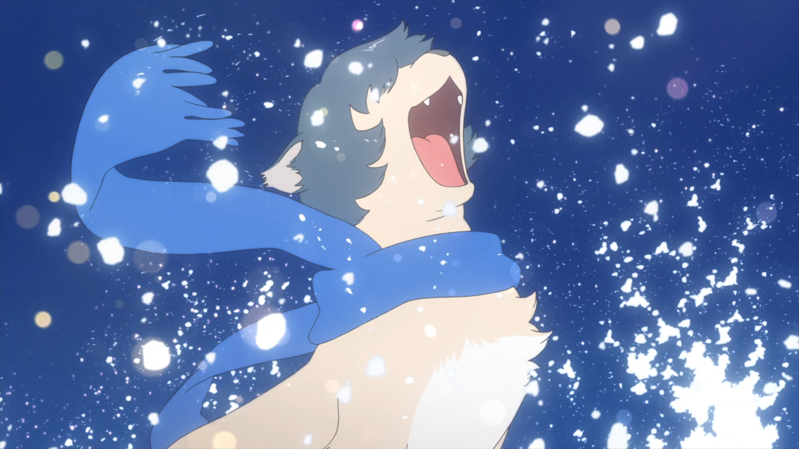 Yuki from Wolf Children joyfully howls in a snowy winter scene, wrapped in a blue scarf, capturing the charm of cute anime in the cold season.