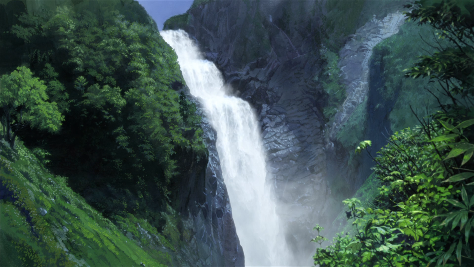 Anime-style landscape of a lush forest in Japan with a large waterfall cascading down rocky cliffs, reminiscent of scenes from Wolf Children.