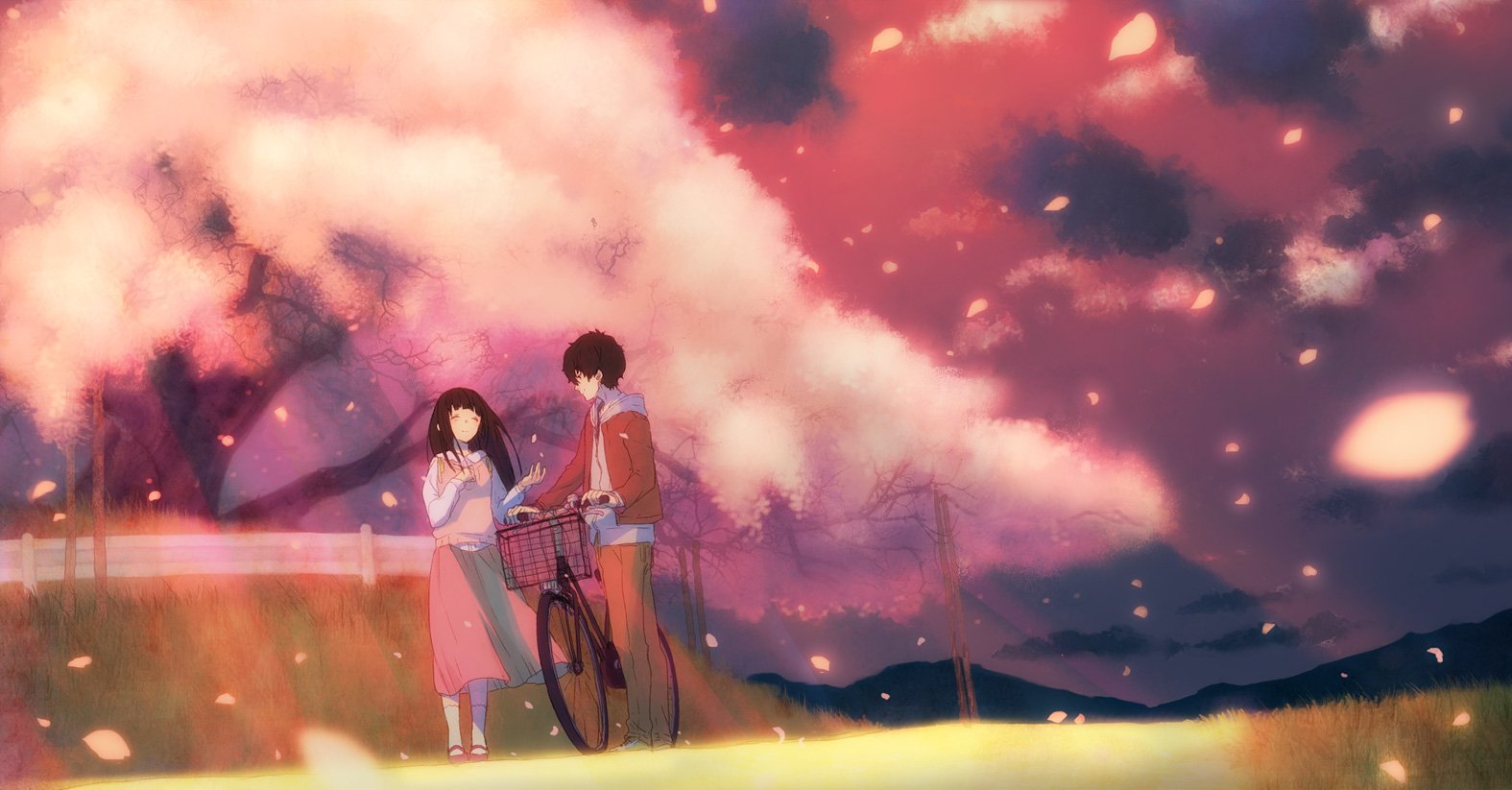 Eru Chitanda and Hōtarō Oreki stand together in a picturesque landscape, surrounded by cherry blossoms and a vibrant sunset, capturing a moment from the anime Hyouka.