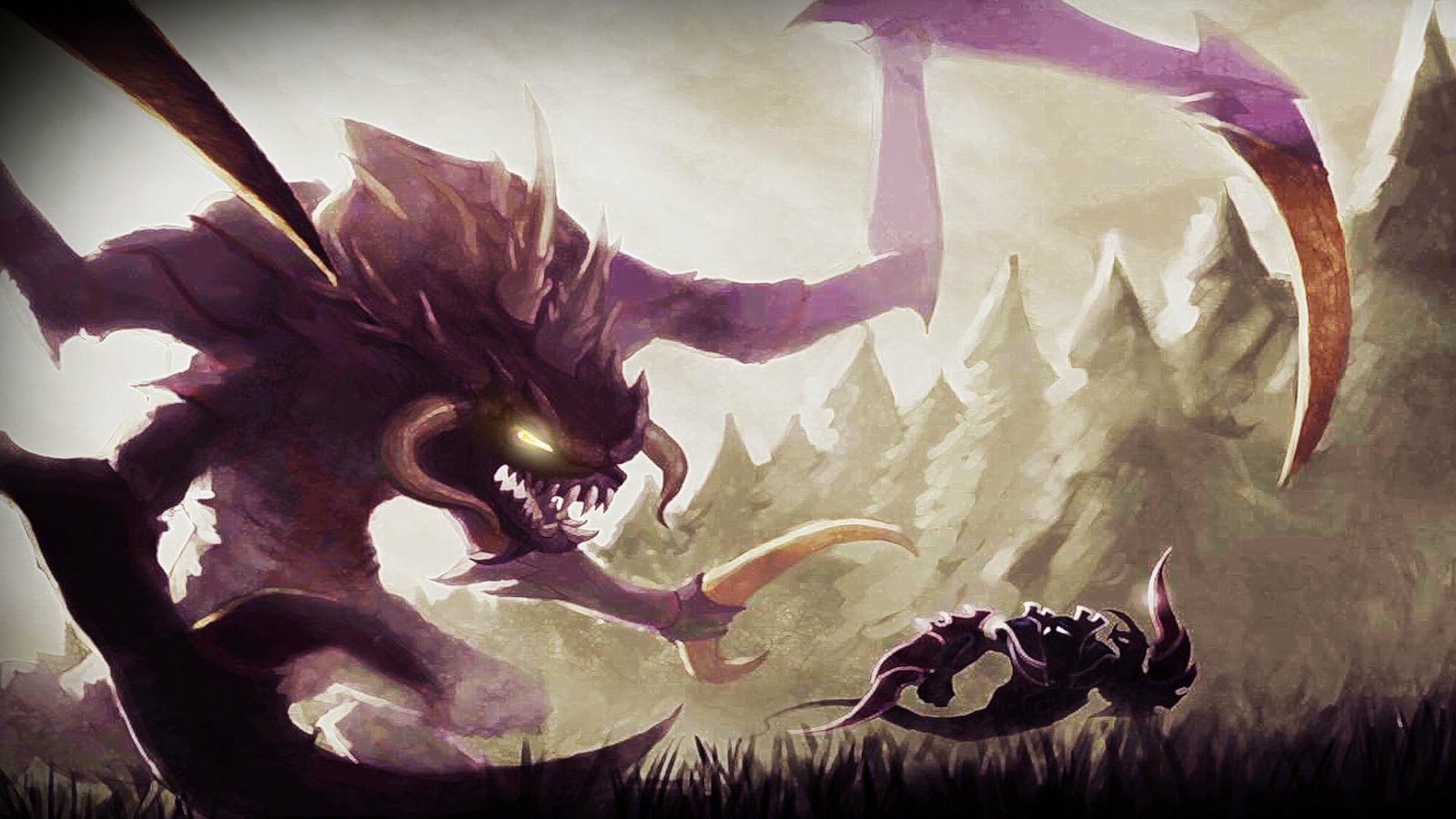 Cho'gath and Nocturne, iconic champions from League of Legends, face off in a dark, forested battleground scene from the video game.