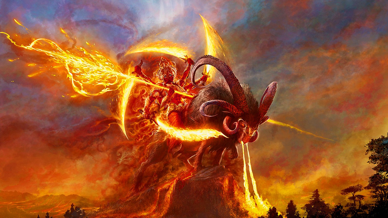 A fierce fantasy warrior wields a fiery sword while riding a mythical creature, surrounded by an awe-inspiring sky, evoking the power of gods in an epic battle scene.