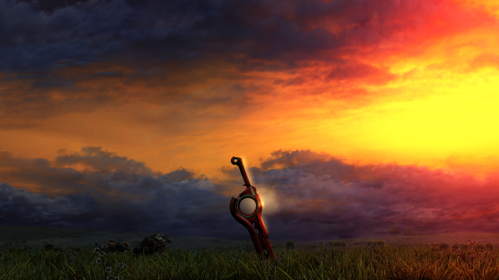 A stylized sword stands upright in a grassy field against a dramatic sunset, capturing the essence of adventure from the video game Xenoblade Chronicles.