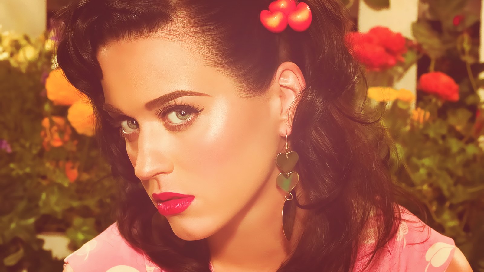Close-up portrait of singer Katy Perry with vibrant makeup and floral background, reflecting her music persona.