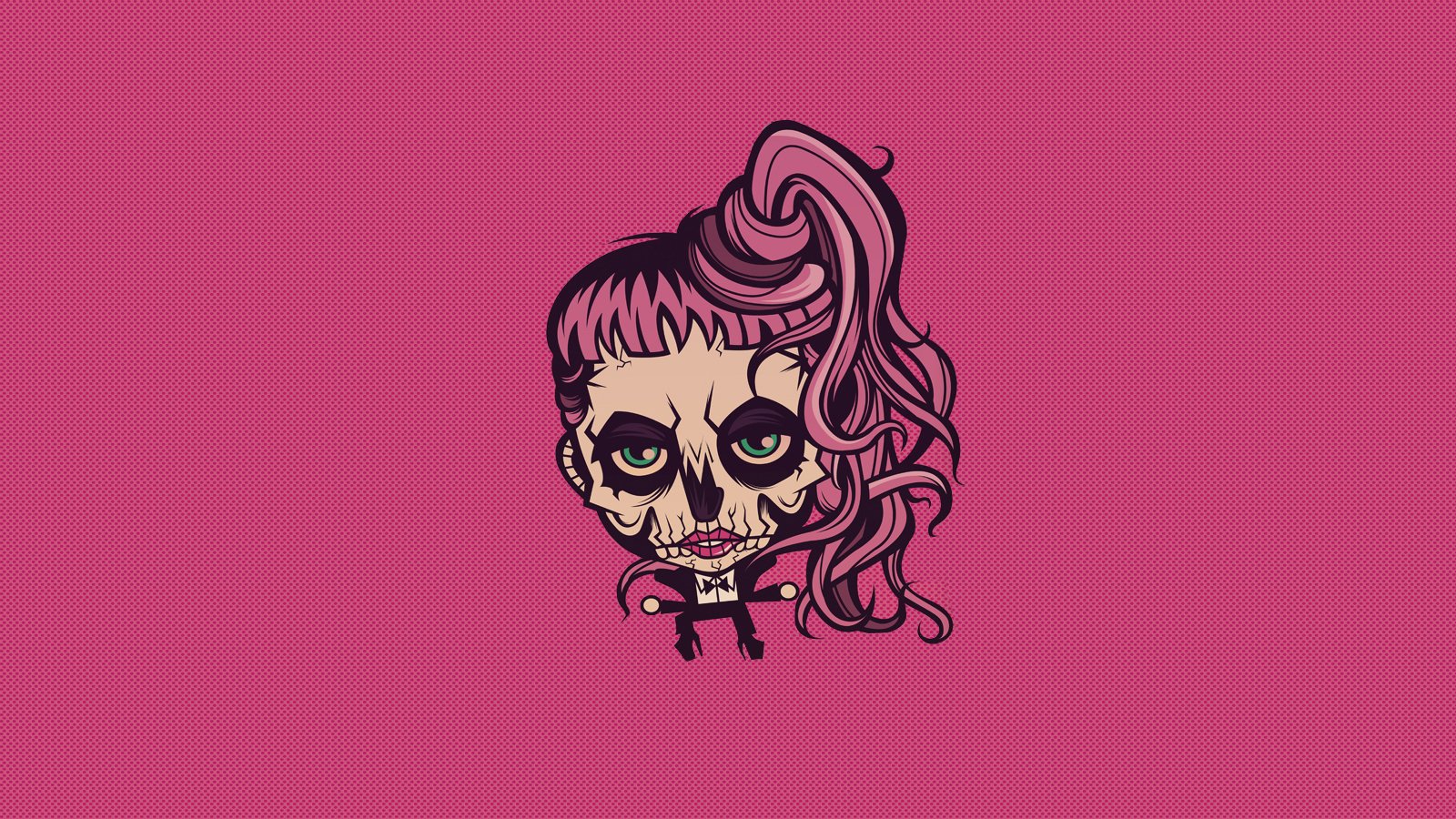 Illustration of Lady Gaga with skull-like face makeup and pink hair styled in a high ponytail, set against a solid pink background.