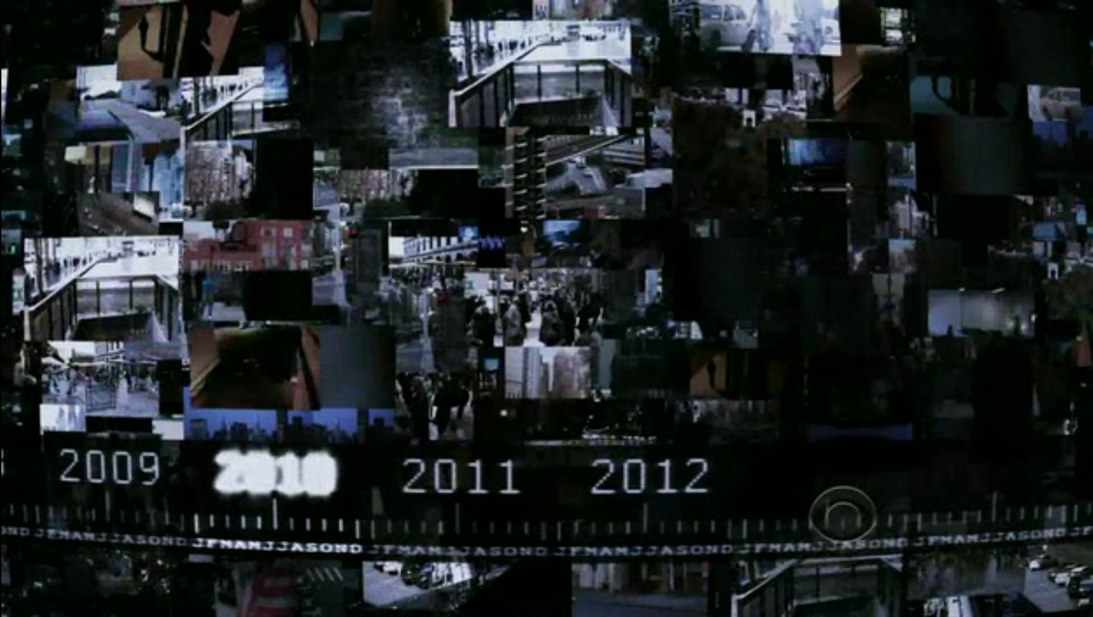 Surveillance-camera collage with a 2009–2012 timeline, an opening-credits style still from the TV show Person of Interest.