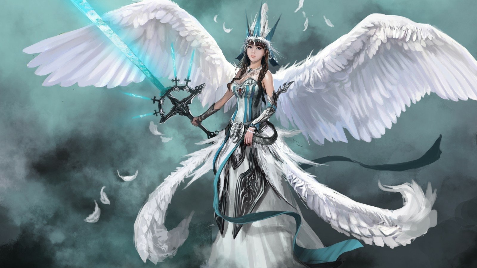 A majestic fantasy angel warrior with large white wings and a glowing sword stands amidst falling feathers in a stormy sky.