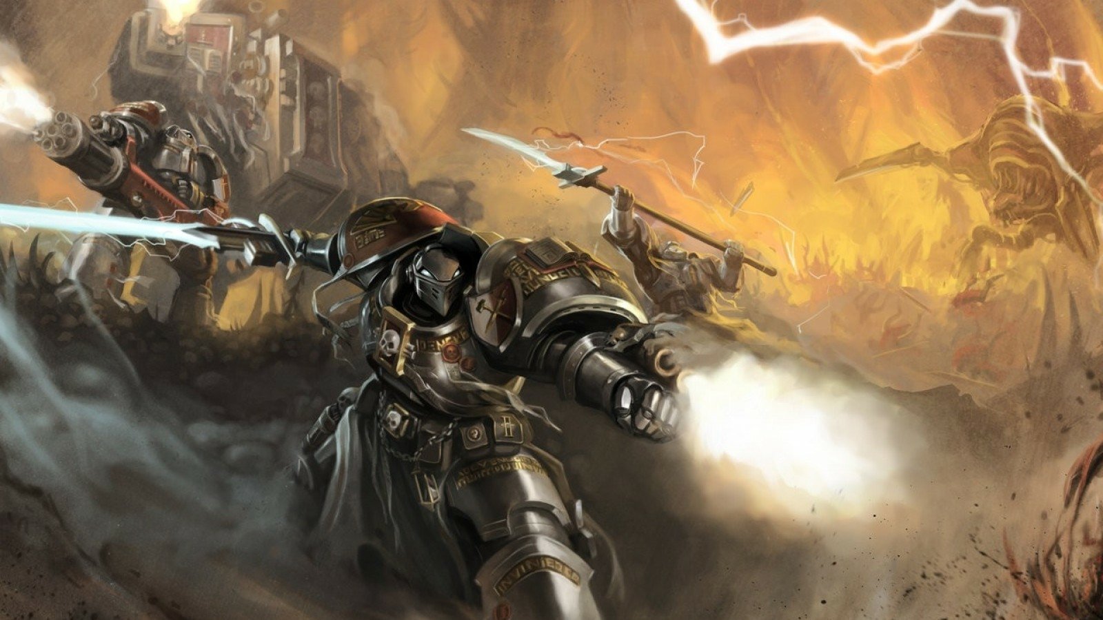 A heavily armored soldier in a Warhammer video game battles amidst flames and lightning, firing a large gun with intense action and chaos in the background.
