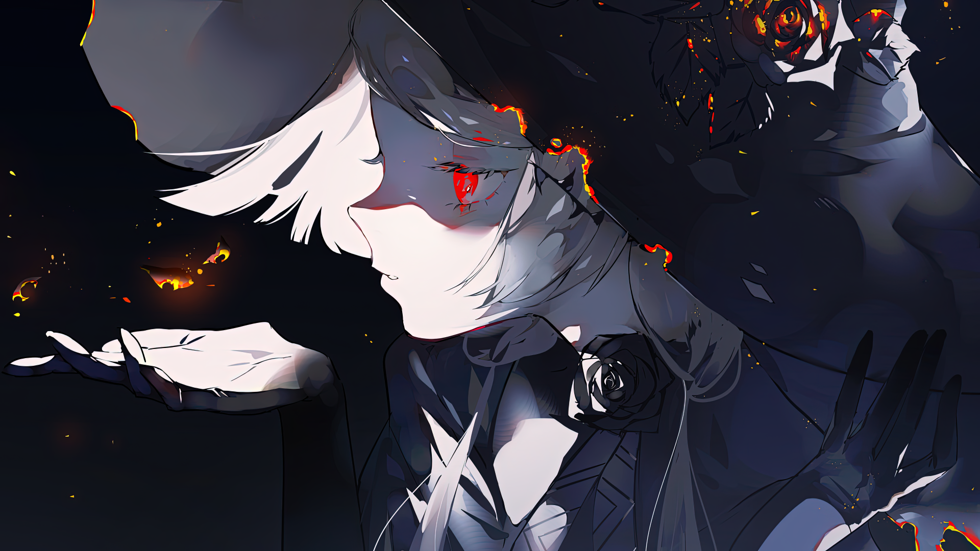 Anime girl with red eyes wearing a detailed witch hat adorned with roses, surrounded by dark, glowing embers, evoking a mysterious and magical atmosphere.
