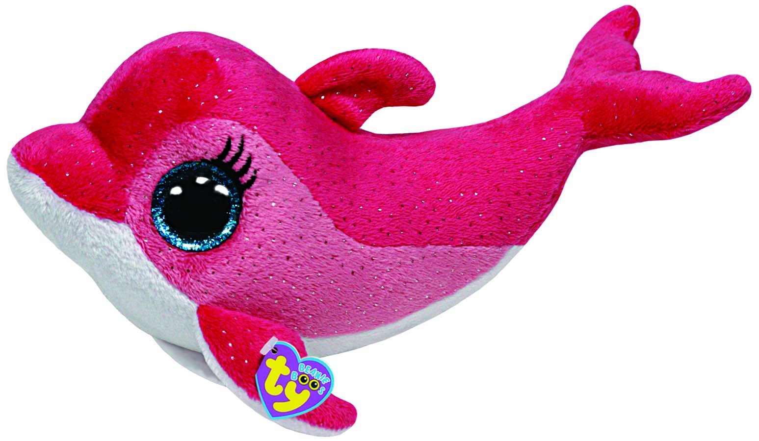 Man-made pink Beanie Boos plush dolphin with oversized sparkly eye and TY heart tag.