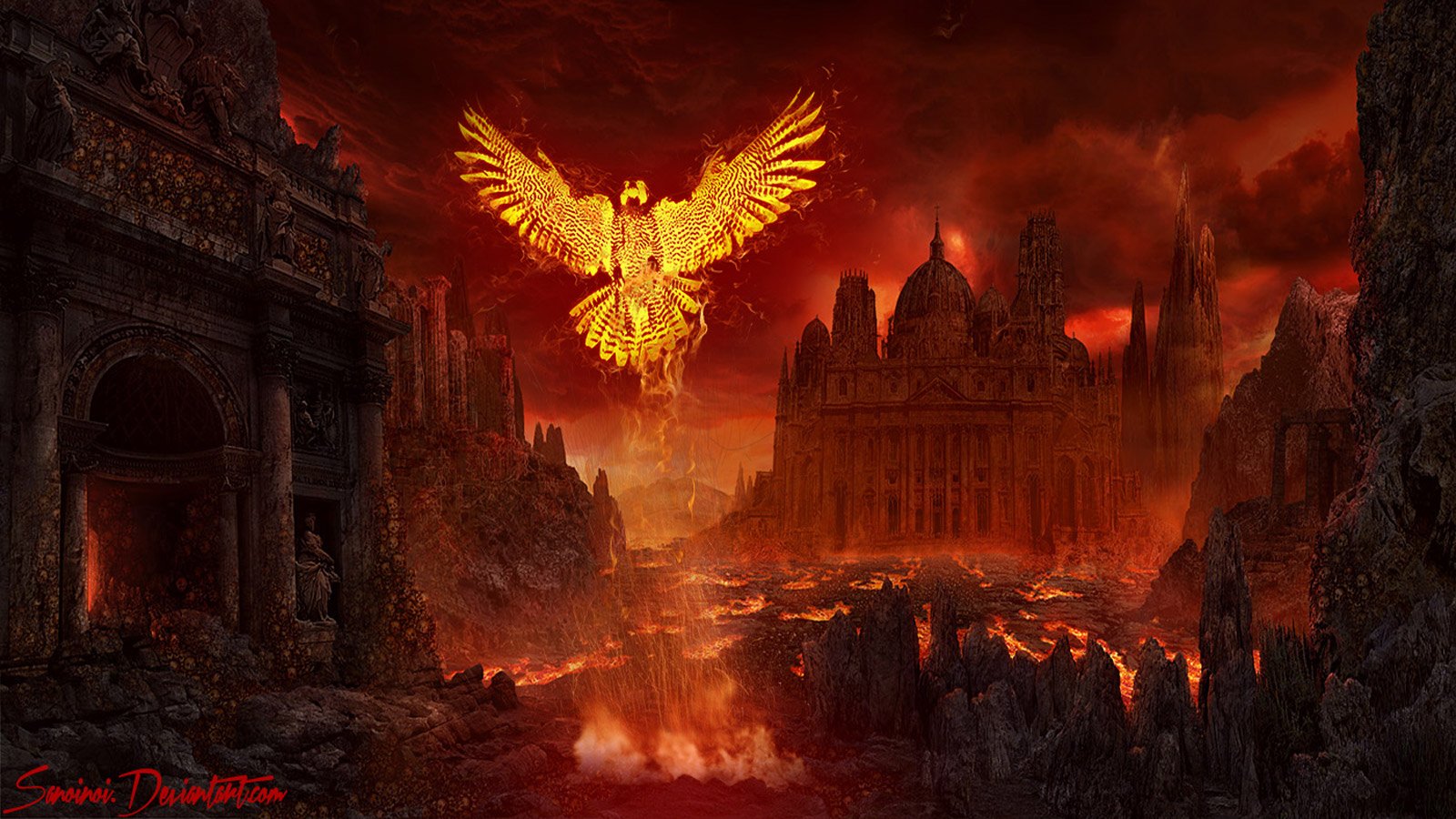 A majestic golden phoenix soars above a fiery landscape, surrounded by ancient, crumbling structures and glowing lava, evoking a powerful sense of fantasy and rebirth.