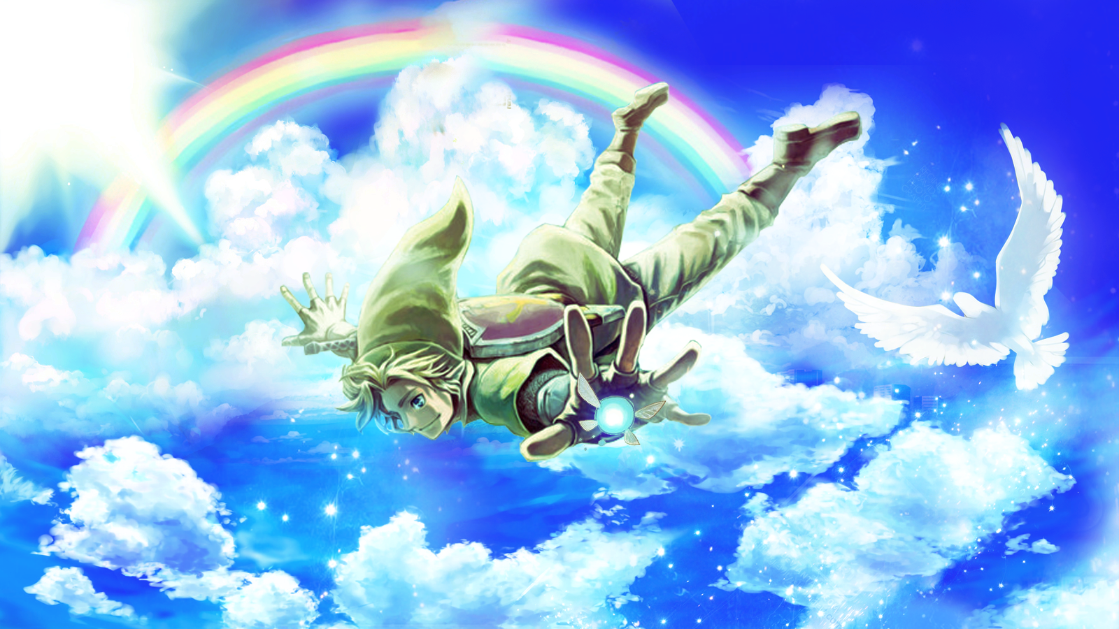 Link from The Legend of Zelda: Skyward Sword freefalls through a vibrant sky filled with clouds, a rainbow, and a glowing white bird.