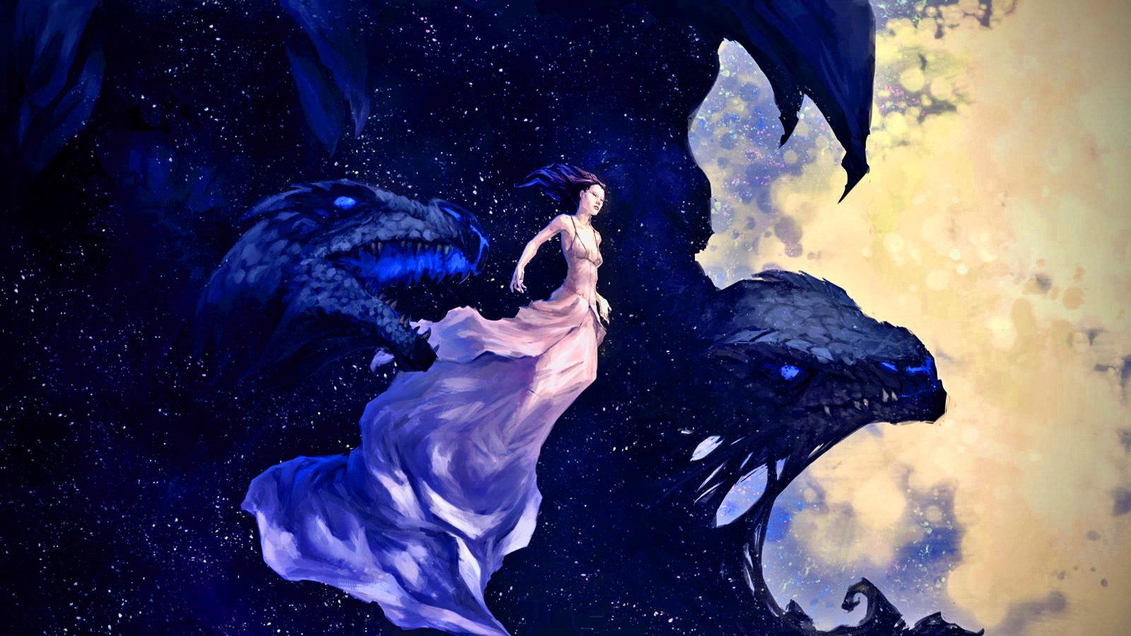 A fantasy scene depicting a woman in a flowing dress standing on the back of a majestic dragon against a cosmic, starry sky.